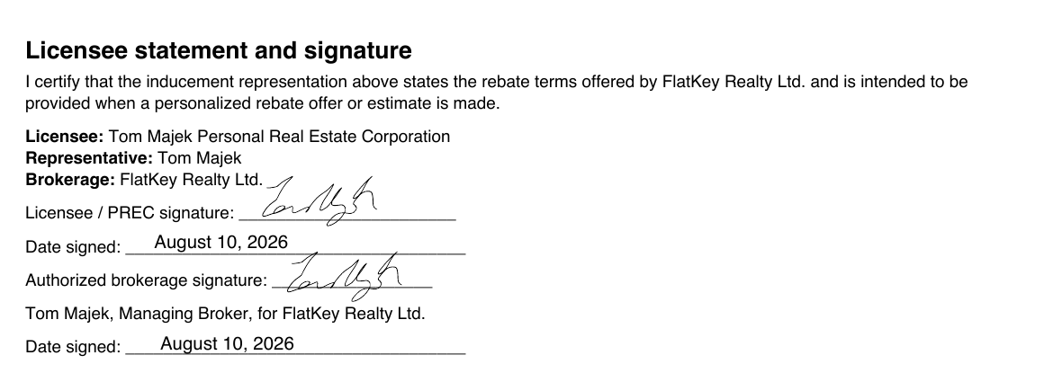 Buyer rebate statement signed by Tom Majek for Tom Majek Personal Real Estate Corporation and FlatKey Realty Ltd., dated August 10, 2026.